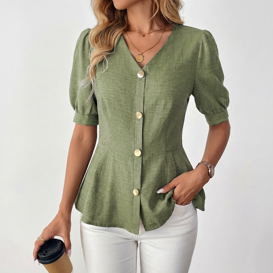 Women's V-Neck Button Front Peplum Blouse