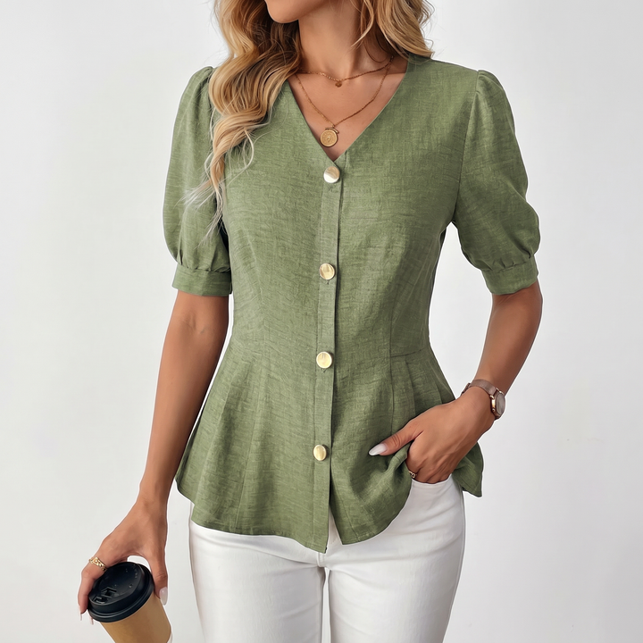 Women's V-Neck Button Front Peplum Blouse