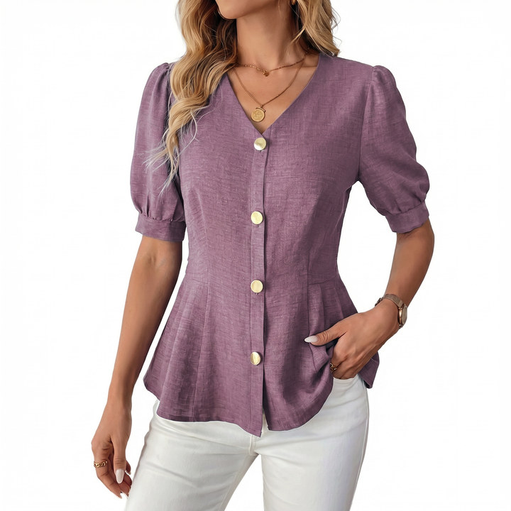 Women's V-Neck Button Front Peplum Blouse