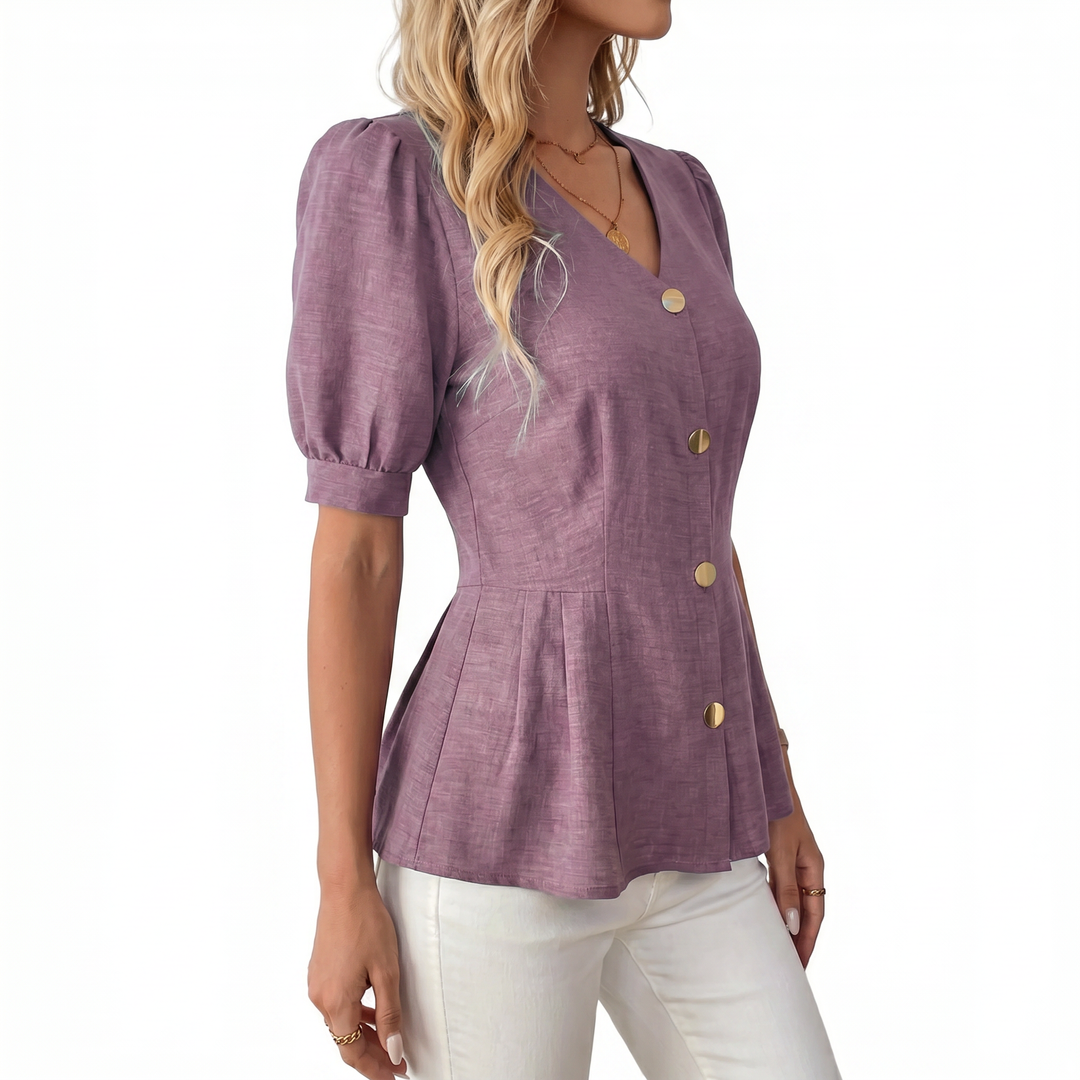 Women's V-Neck Button Front Peplum Blouse