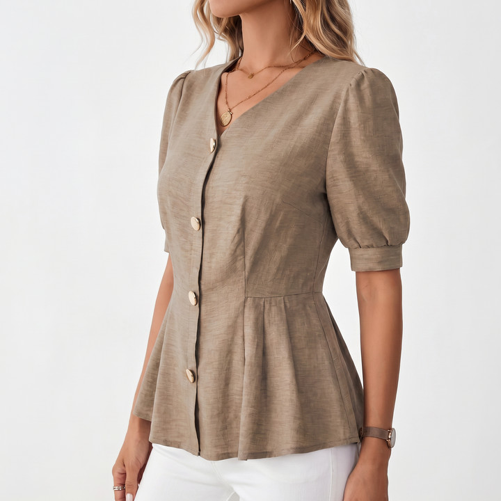Women's V-Neck Button Front Peplum Blouse