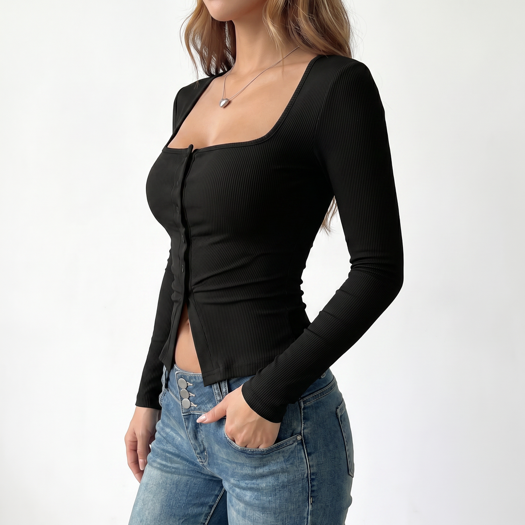 Women's Square Neck Button Front Long Sleeve Knit Top