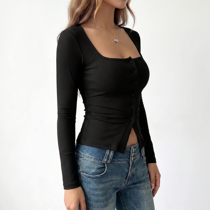 Women's Square Neck Button Front Long Sleeve Knit Top