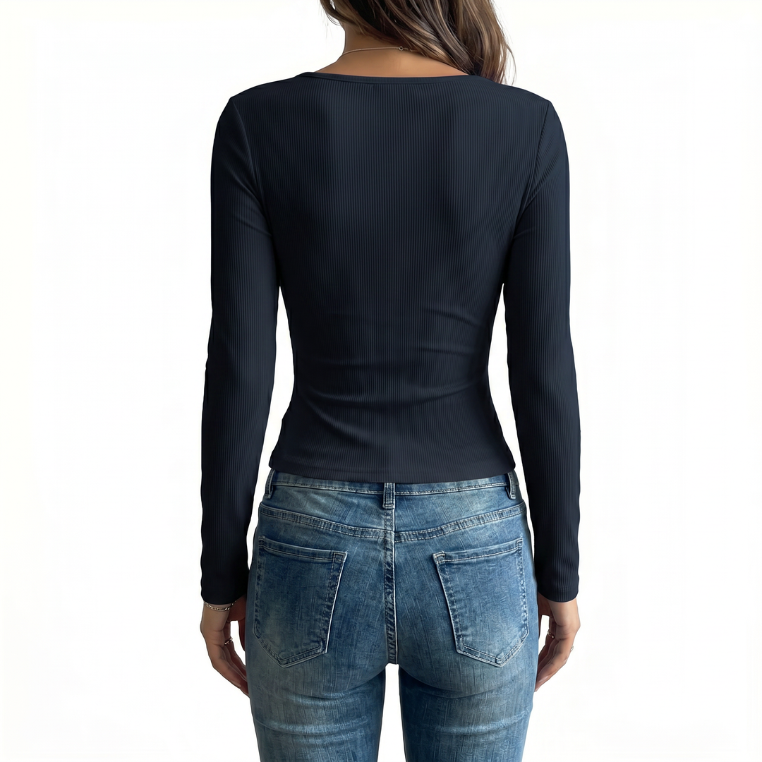 Women's Square Neck Button Front Long Sleeve Knit Top