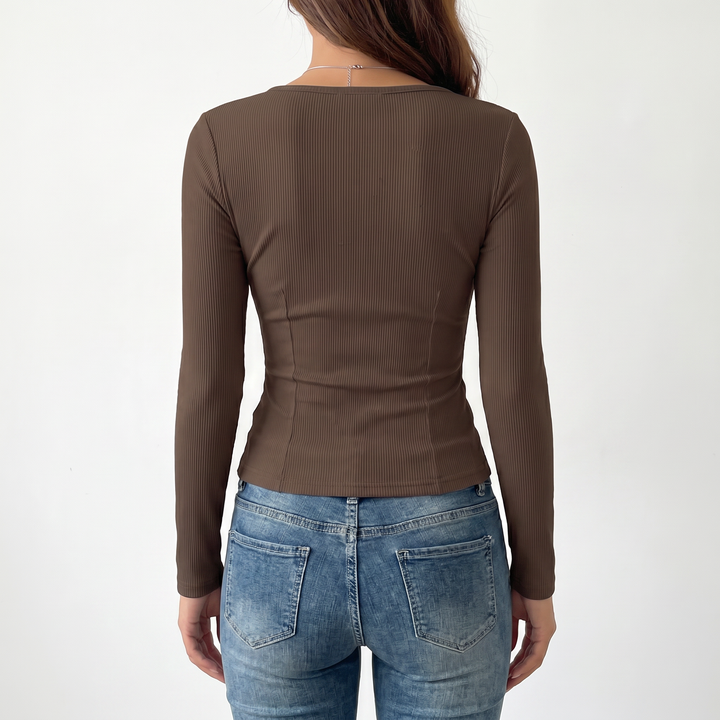 Women's Square Neck Button Front Long Sleeve Knit Top