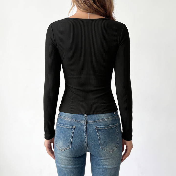 Women's Square Neck Button Front Long Sleeve Knit Top