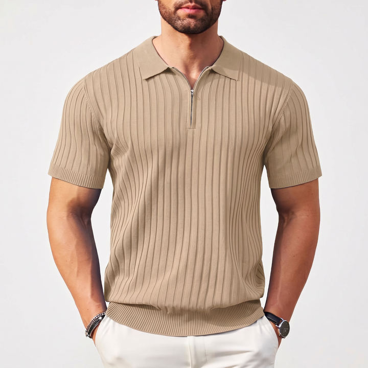 Men’s Ribbed Short Sleeve Zip Polo Shirt with Slim Fit