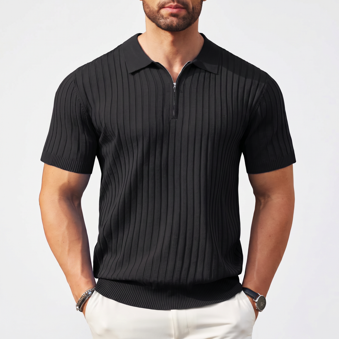 Men’s Ribbed Short Sleeve Zip Polo Shirt with Slim Fit
