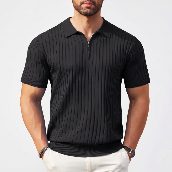 Men’s Ribbed Short Sleeve Zip Polo Shirt with Slim Fit