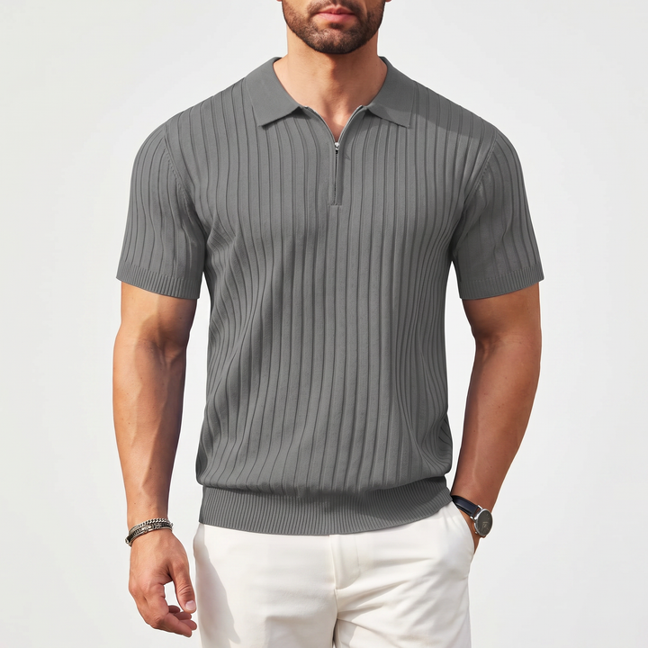 Men’s Ribbed Short Sleeve Zip Polo Shirt with Slim Fit