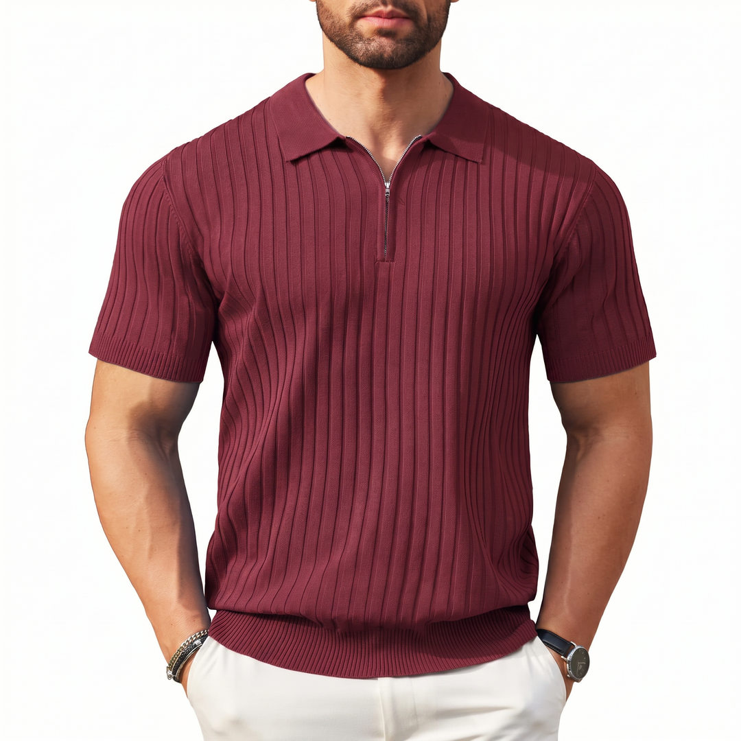 Men’s Ribbed Short Sleeve Zip Polo Shirt with Slim Fit