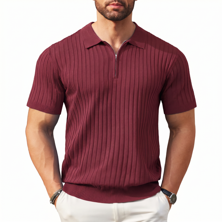 Men’s Ribbed Short Sleeve Zip Polo Shirt with Slim Fit