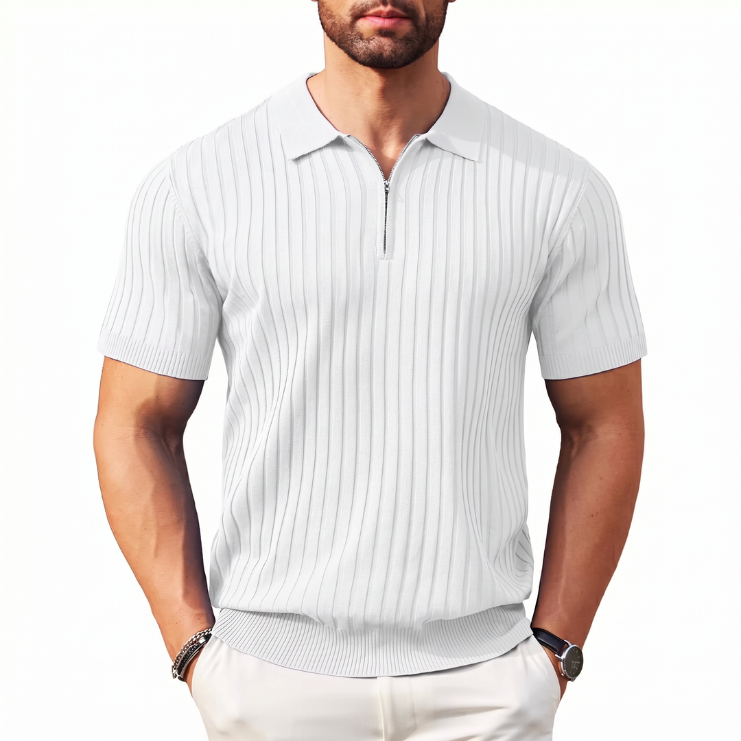 Men’s Ribbed Short Sleeve Zip Polo Shirt with Slim Fit