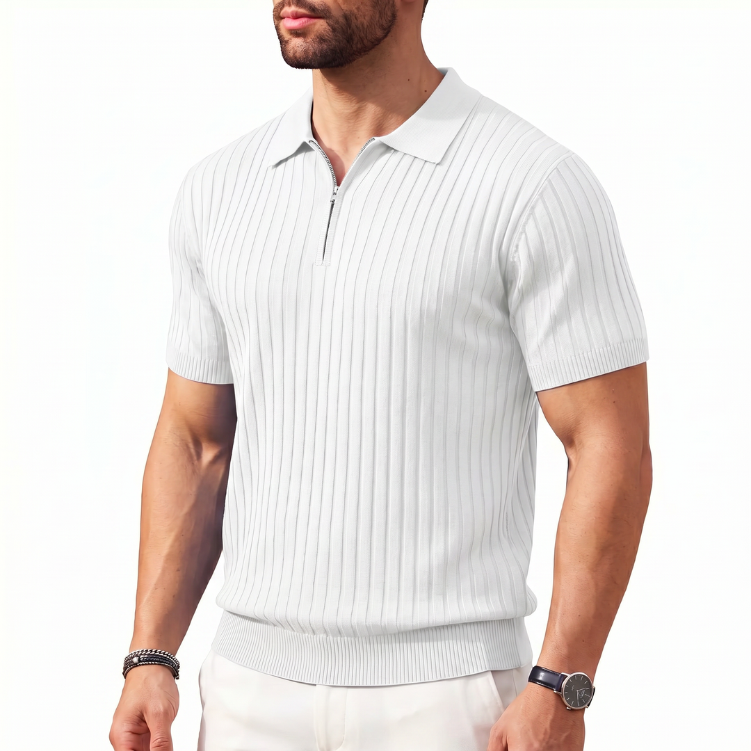 Men’s Ribbed Short Sleeve Zip Polo Shirt with Slim Fit