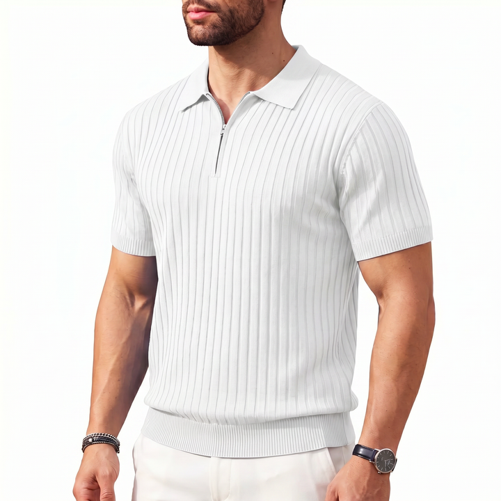 Men’s Ribbed Short Sleeve Zip Polo Shirt with Slim Fit