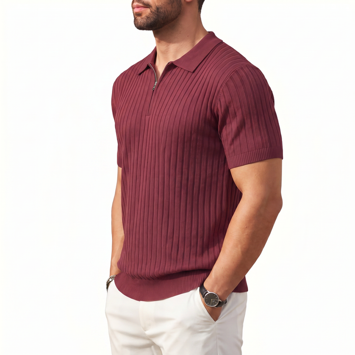 Men’s Ribbed Short Sleeve Zip Polo Shirt with Slim Fit