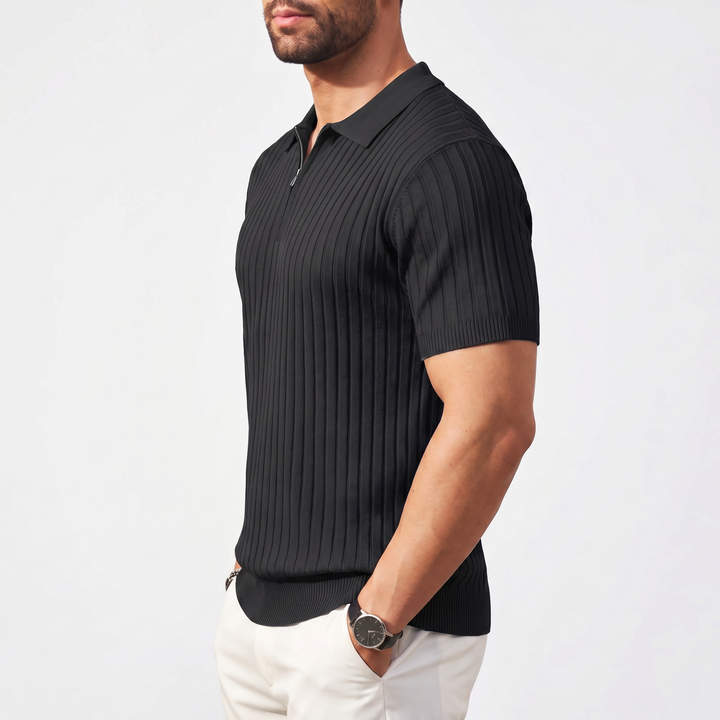 Men’s Ribbed Short Sleeve Zip Polo Shirt with Slim Fit
