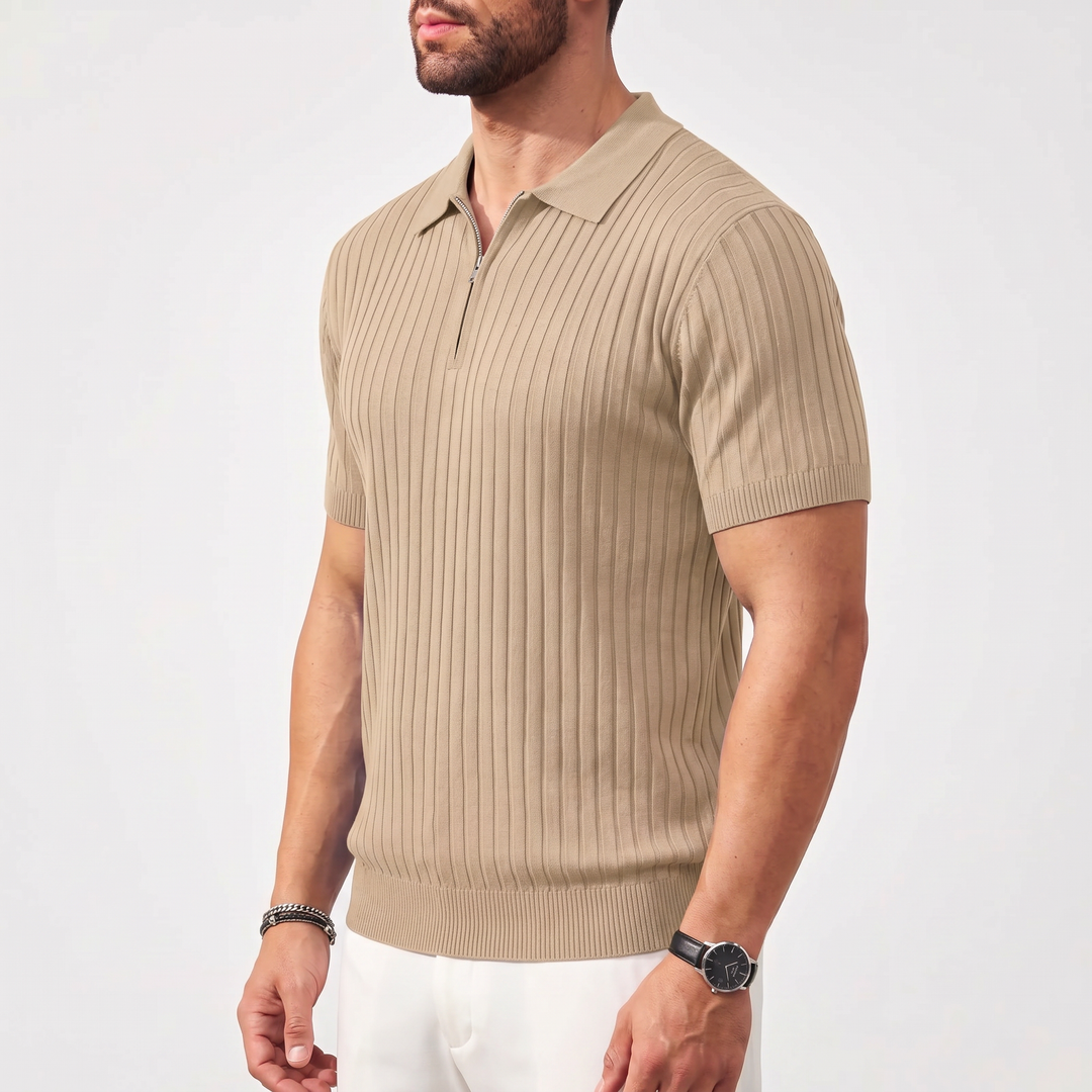 Men’s Ribbed Short Sleeve Zip Polo Shirt with Slim Fit