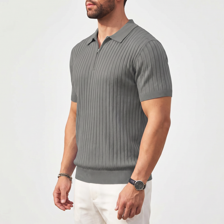 Men’s Ribbed Short Sleeve Zip Polo Shirt with Slim Fit