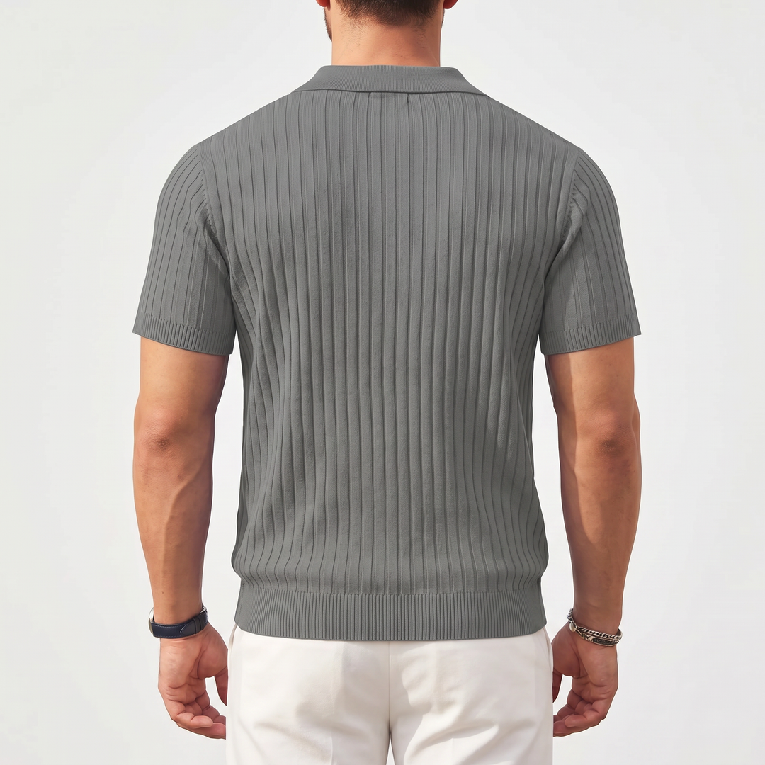 Men’s Ribbed Short Sleeve Zip Polo Shirt with Slim Fit
