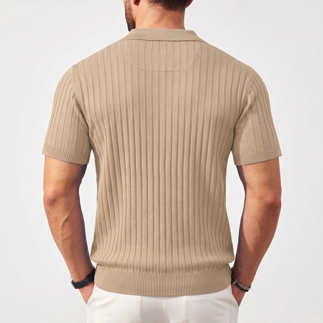 Men’s Ribbed Short Sleeve Zip Polo Shirt with Slim Fit
