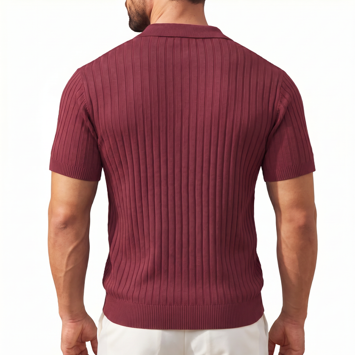 Men’s Ribbed Short Sleeve Zip Polo Shirt with Slim Fit