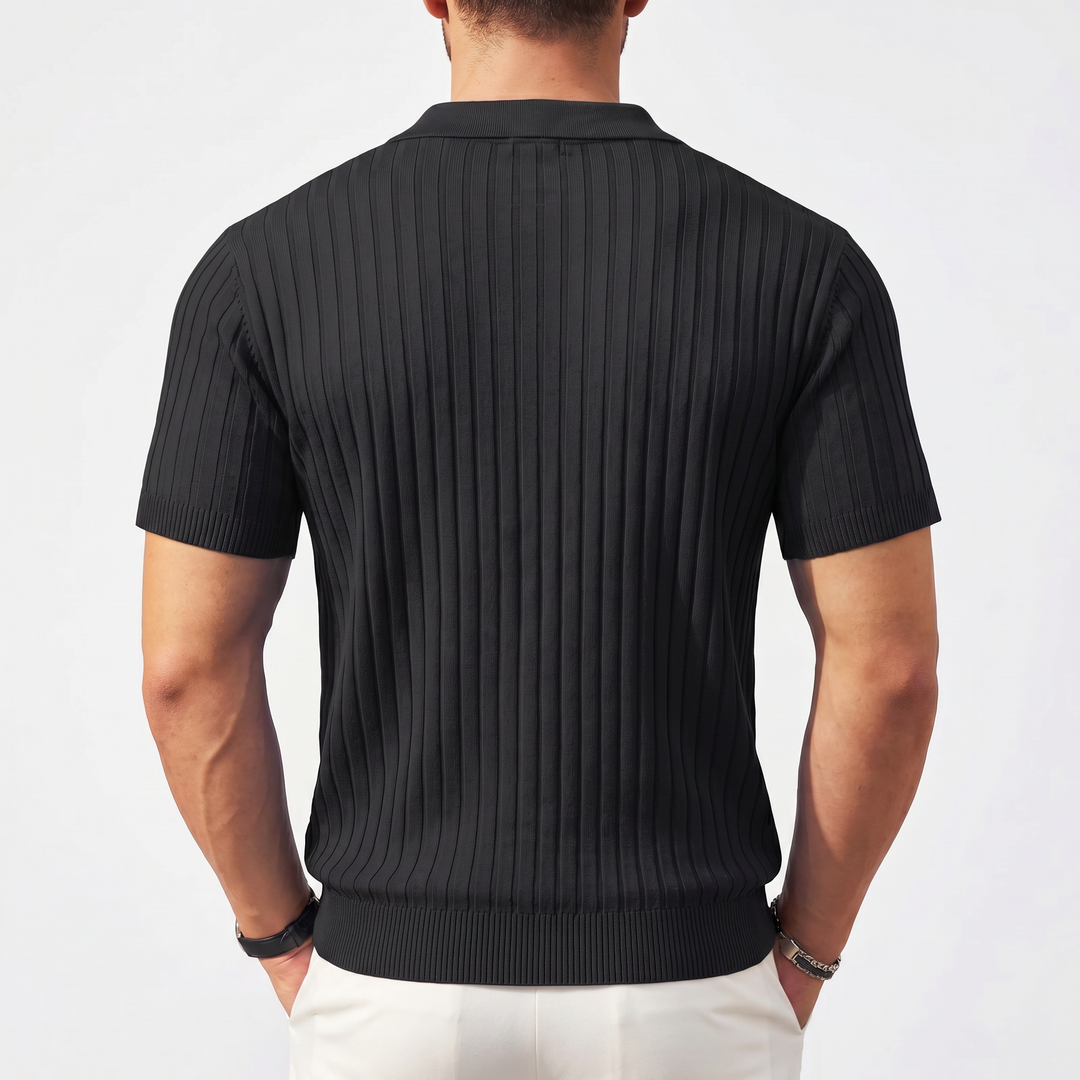 Men’s Ribbed Short Sleeve Zip Polo Shirt with Slim Fit