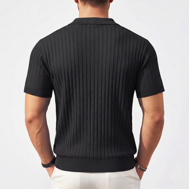 Men’s Ribbed Short Sleeve Zip Polo Shirt with Slim Fit