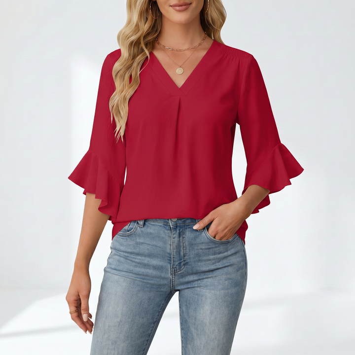 Women's V-Neck Ruffle Sleeve Chiffon Blouse