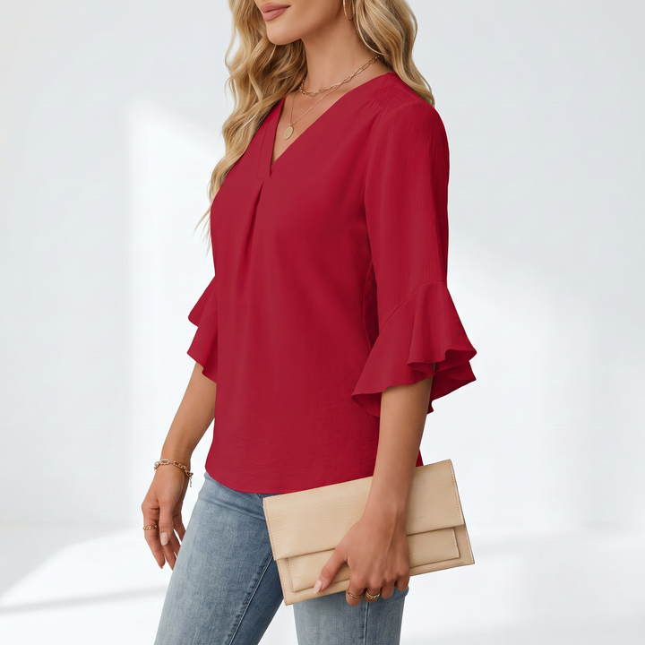 Women's V-Neck Ruffle Sleeve Chiffon Blouse