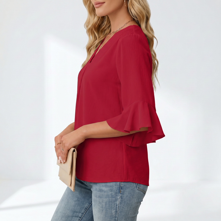 Women's V-Neck Ruffle Sleeve Chiffon Blouse