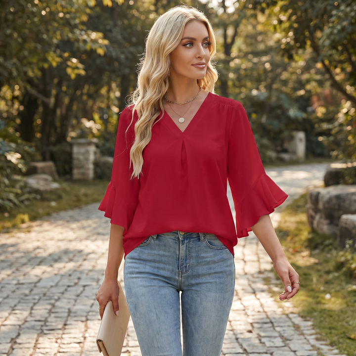 Women's V-Neck Ruffle Sleeve Chiffon Blouse