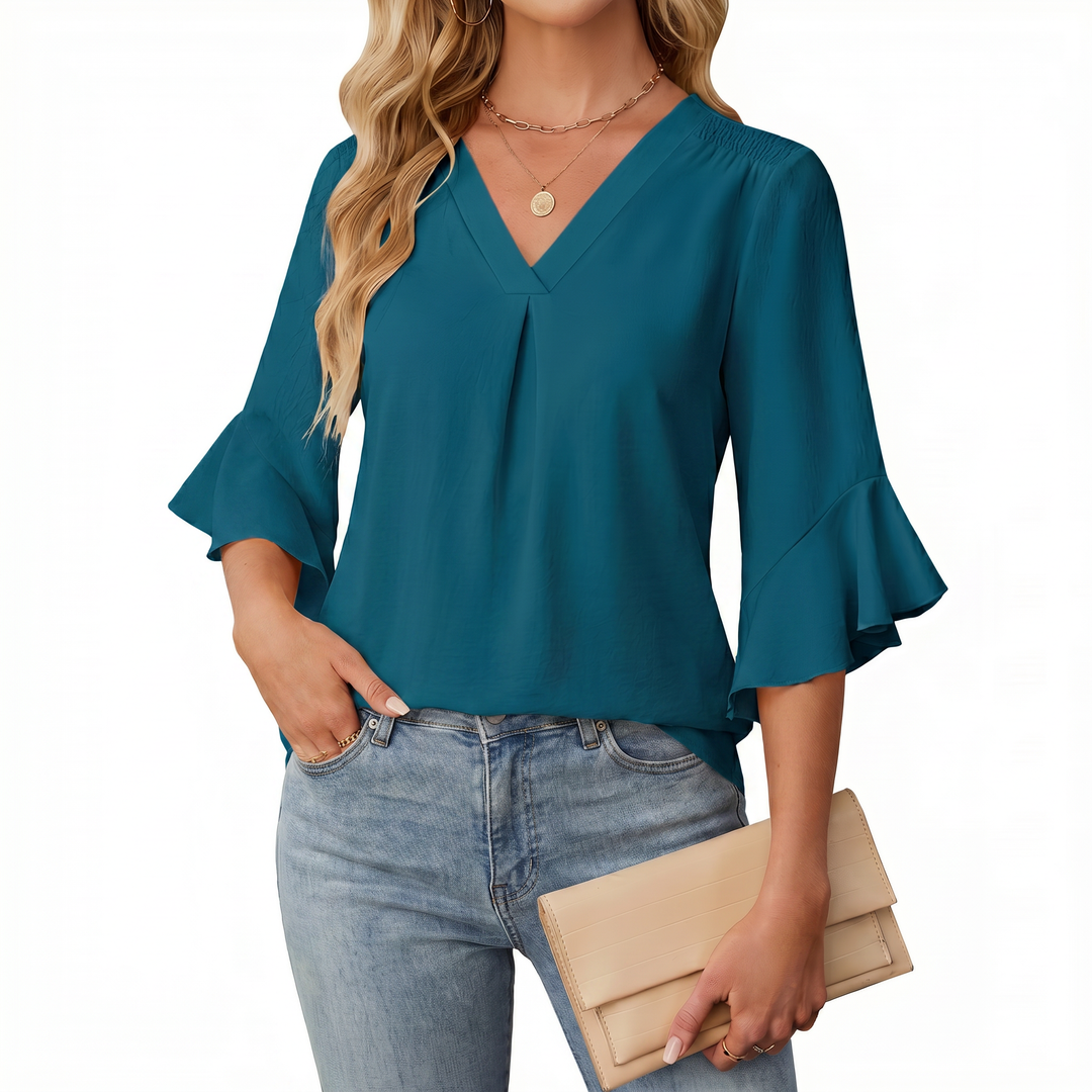 Women's V-Neck Ruffle Sleeve Chiffon Blouse
