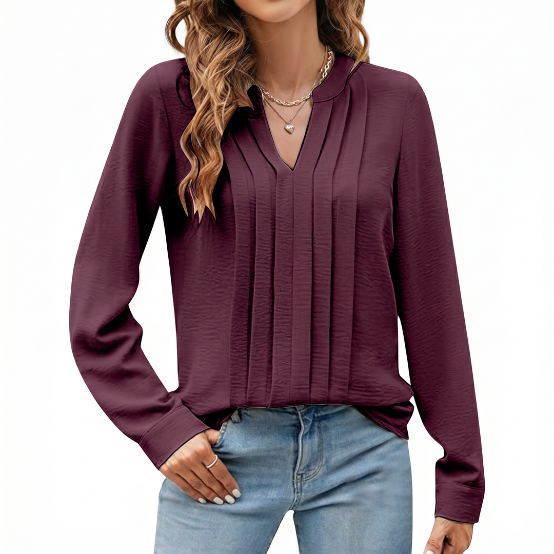 Women's V-Neck Long Sleeve Pleated Blouse