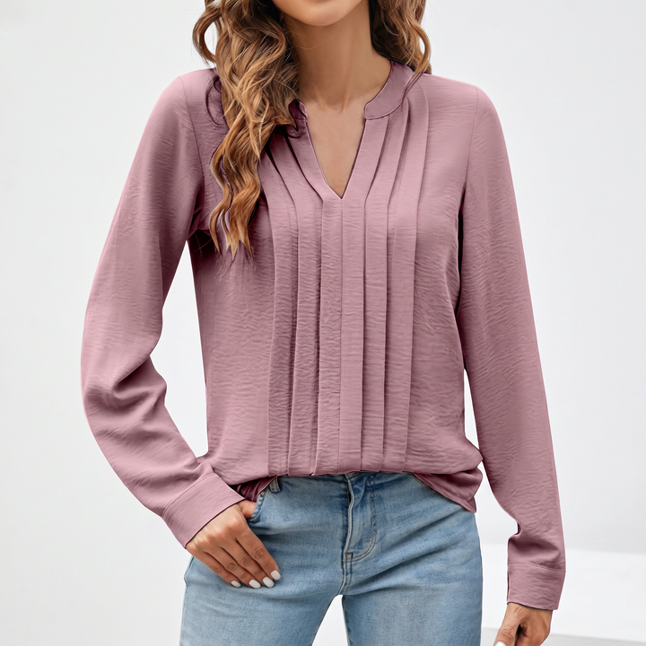 Women's V-Neck Long Sleeve Pleated Blouse