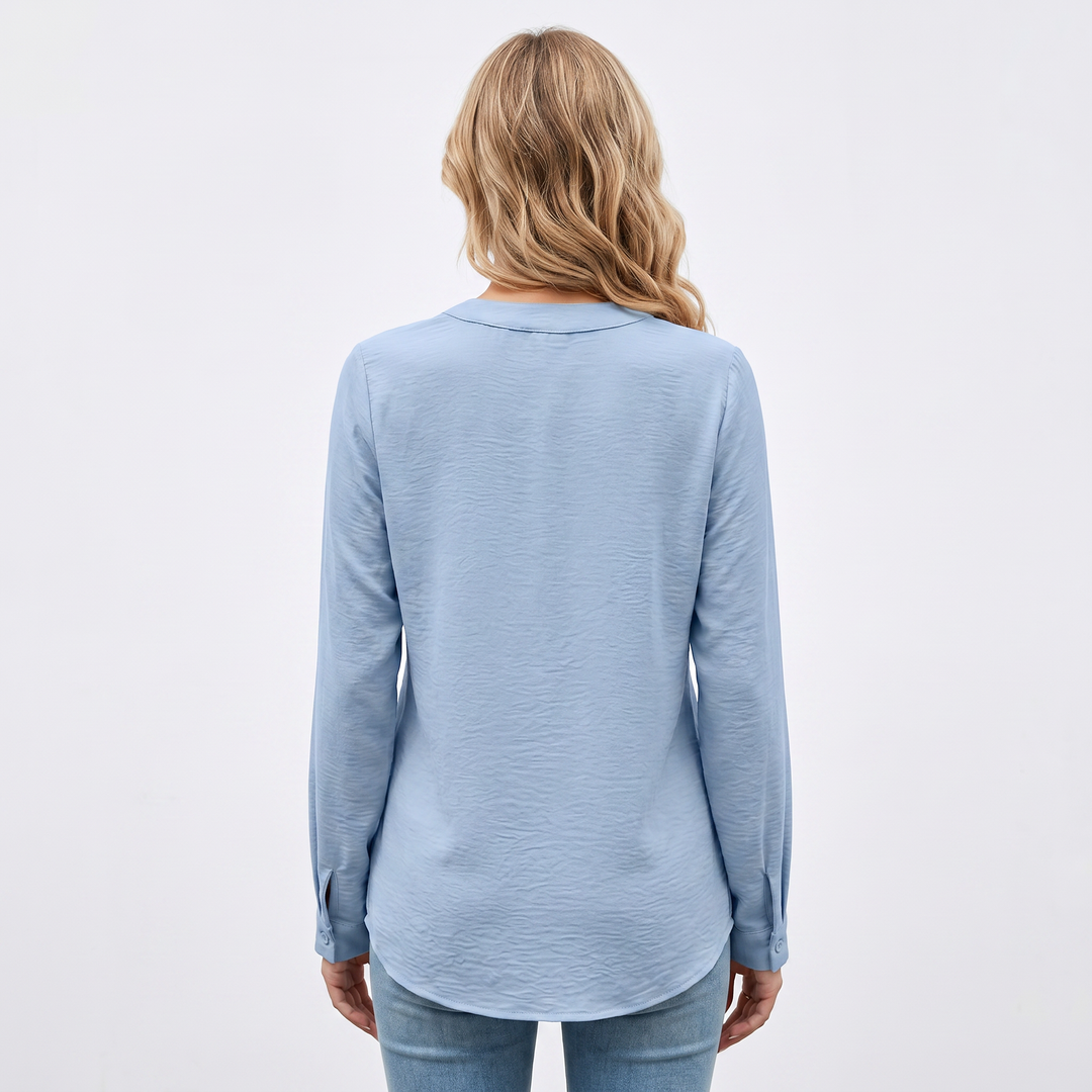 Women's V-Neck Long Sleeve Pleated Blouse