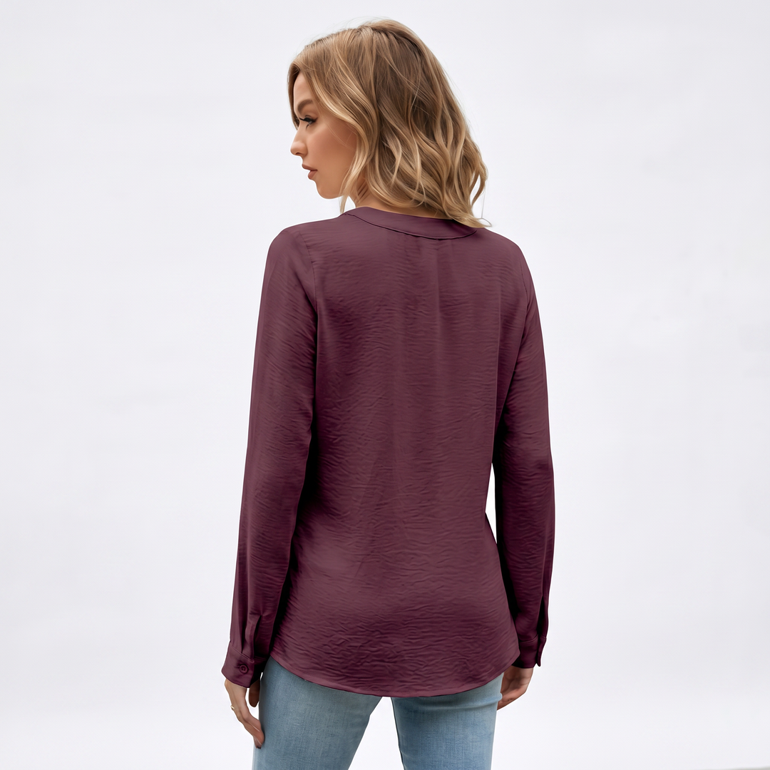 Women's V-Neck Long Sleeve Pleated Blouse