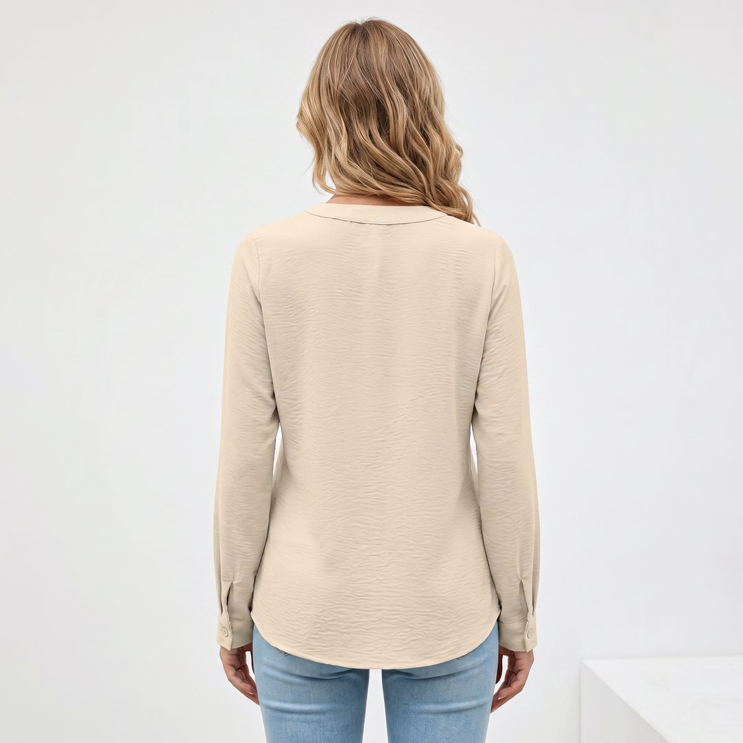 Women's V-Neck Long Sleeve Pleated Blouse