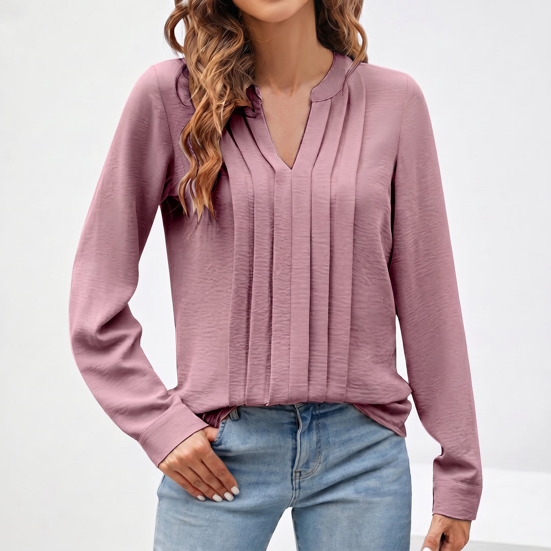 Women's V-Neck Long Sleeve Pleated Blouse