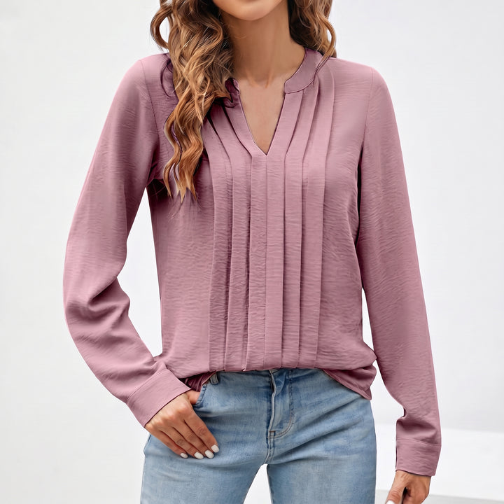Women's V-Neck Long Sleeve Pleated Blouse