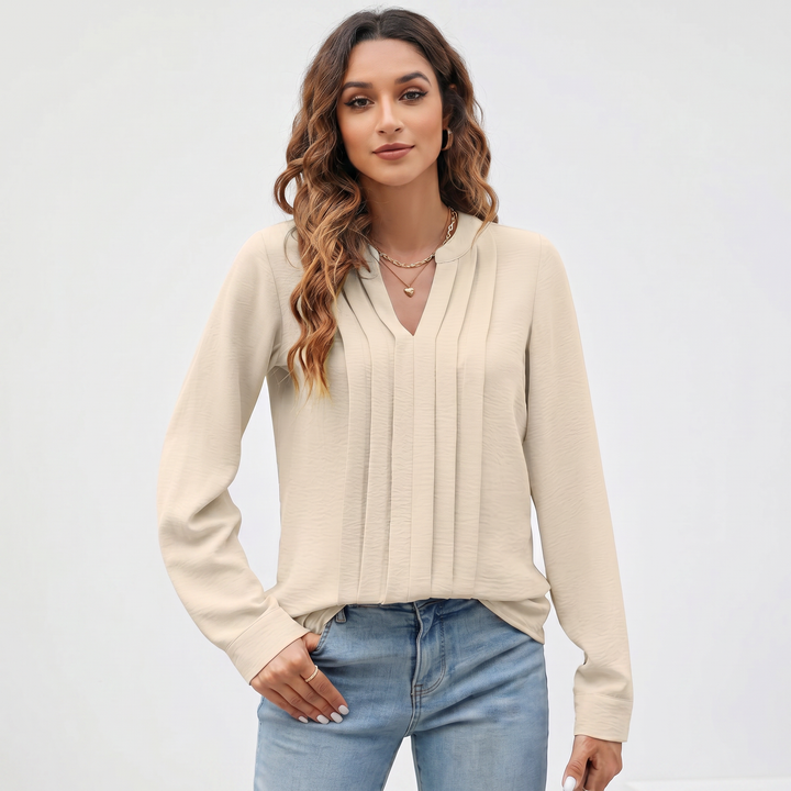 Women's V-Neck Long Sleeve Pleated Blouse
