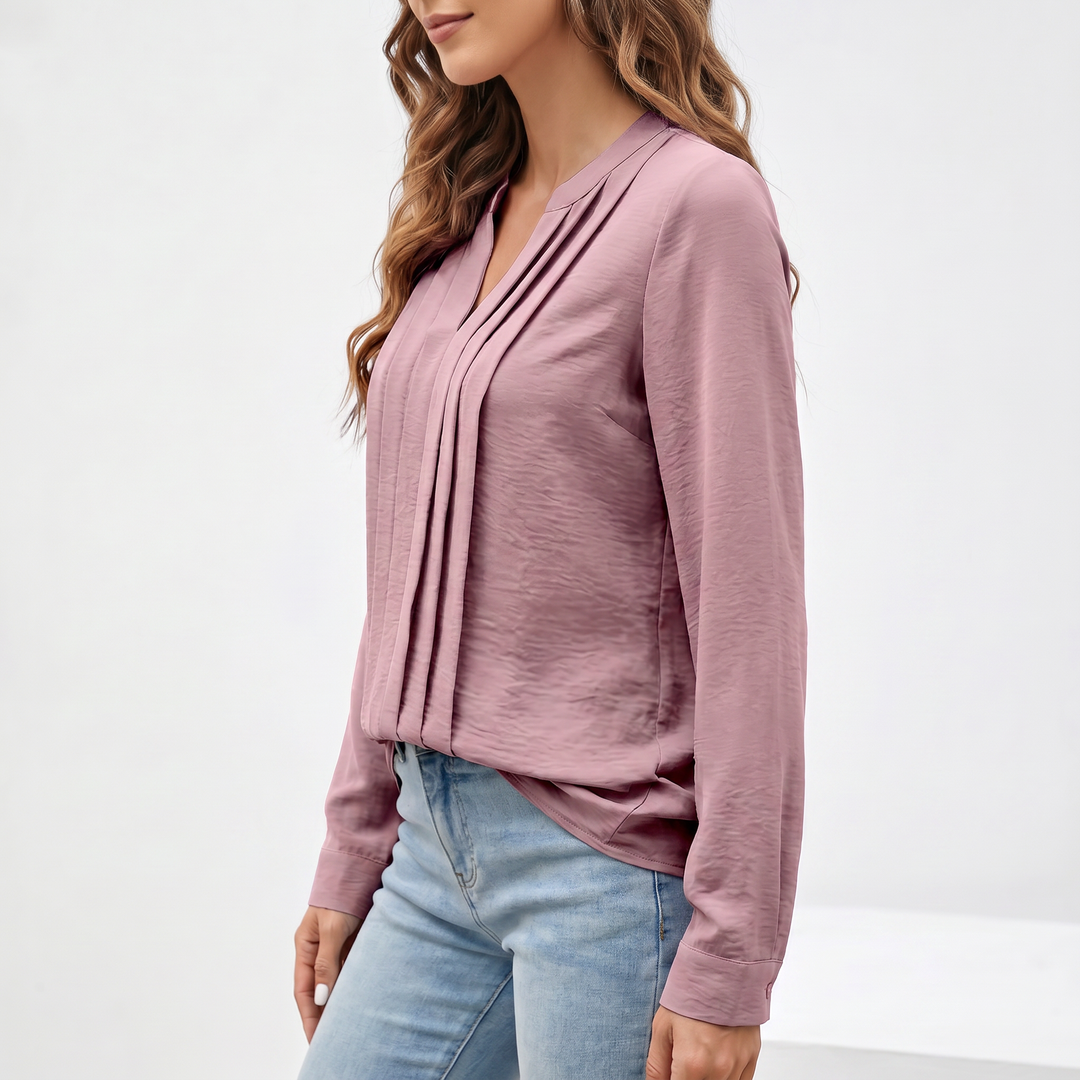 Women's V-Neck Long Sleeve Pleated Blouse