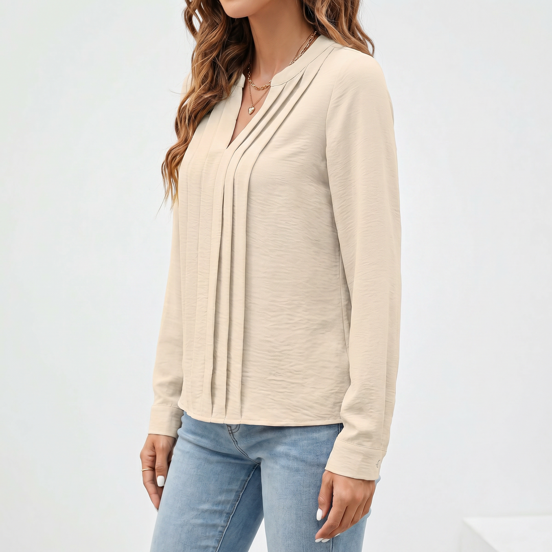 Women's V-Neck Long Sleeve Pleated Blouse