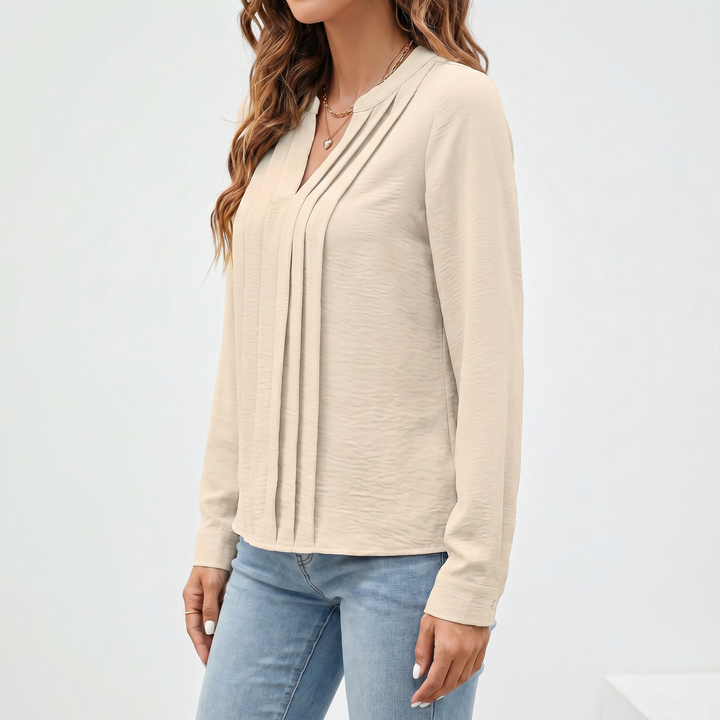 Women's V-Neck Long Sleeve Pleated Blouse