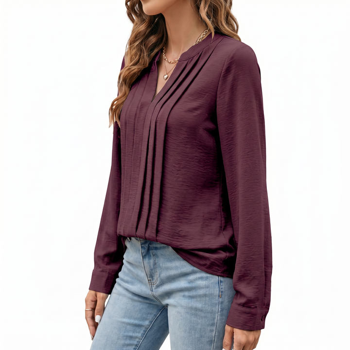 Women's V-Neck Long Sleeve Pleated Blouse