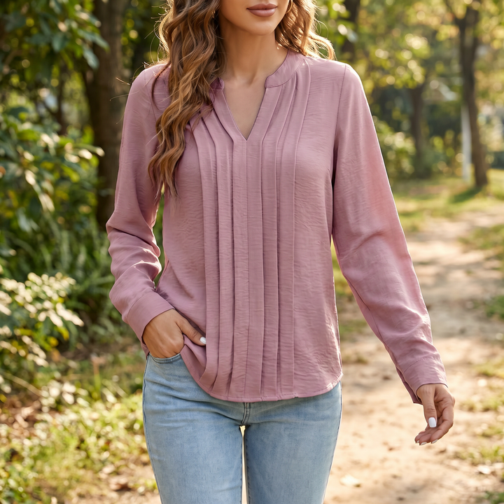 Women's V-Neck Long Sleeve Pleated Blouse