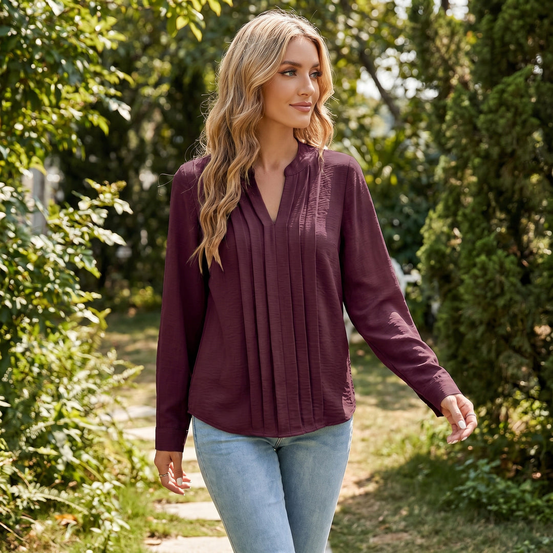 Women's V-Neck Long Sleeve Pleated Blouse