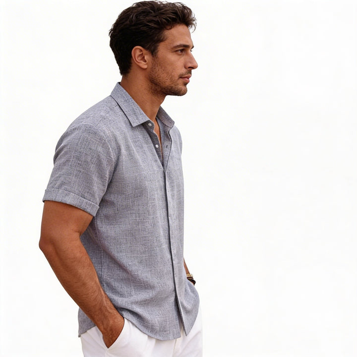 Men's Short Sleeve Button-Up Linen Shirt for Summer