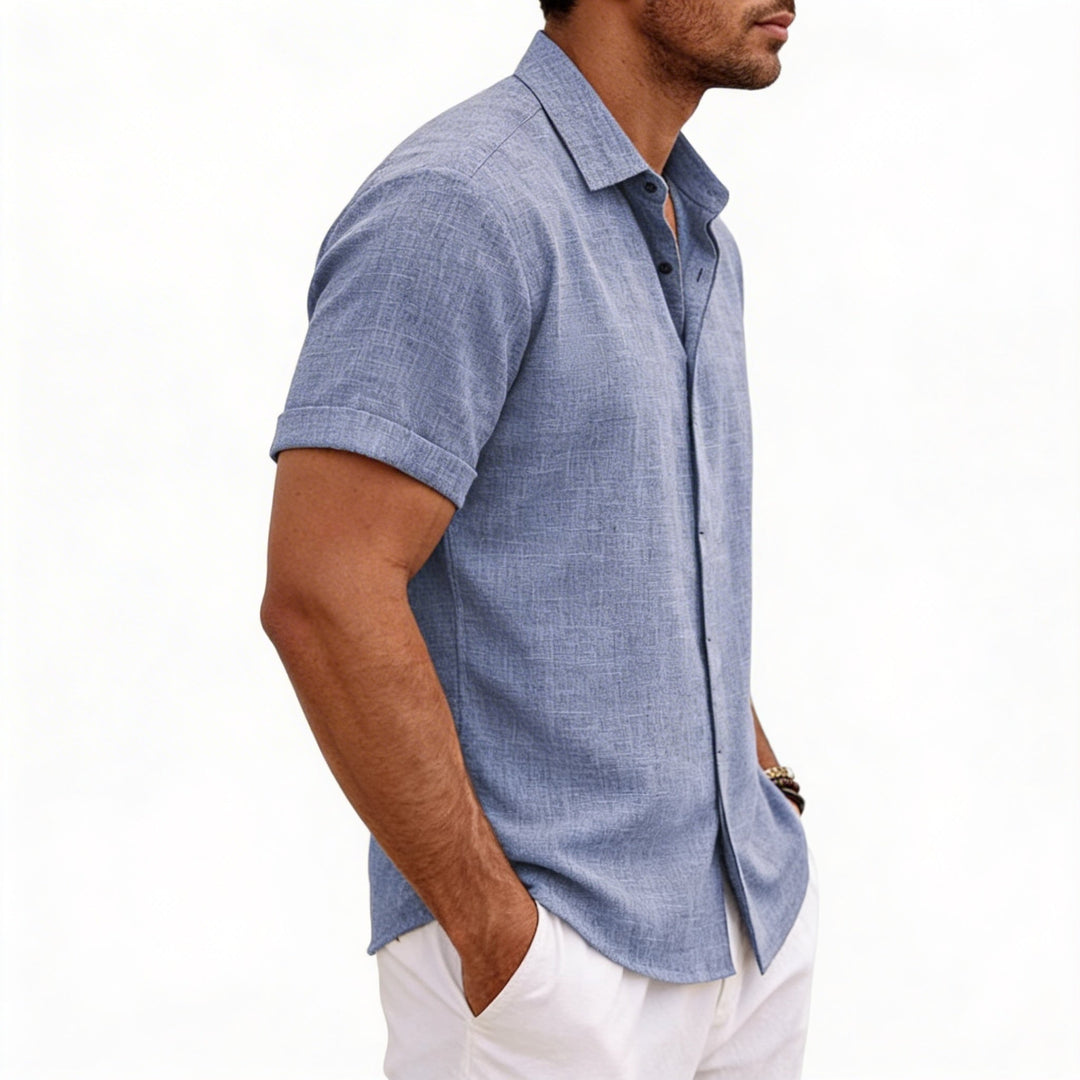 Men's Short Sleeve Button-Up Linen Shirt for Summer