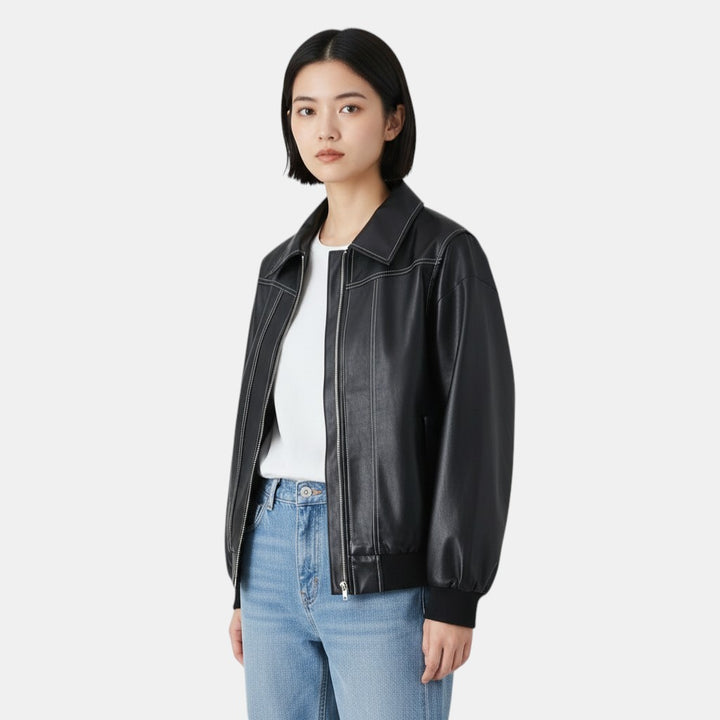 Oversized Bomber Jacket with Contrasting Stitching